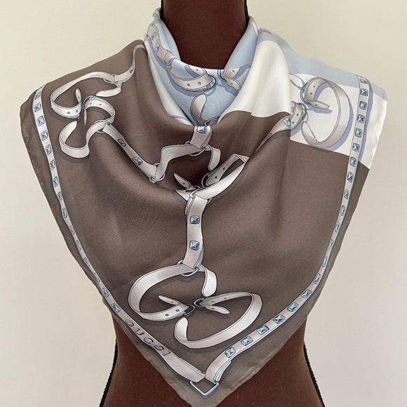 Gucci Logo Chains Color-Block Brown Blue GG Silk Scarf - Picture 10 of 13
